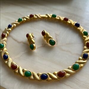 Elegant Gold Necklace and Earring Set with Multicolor Stones